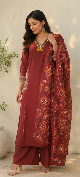 Fancy cotton desiner suit V neck with dupatta