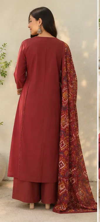 Fancy cotton desiner suit V neck with dupatta